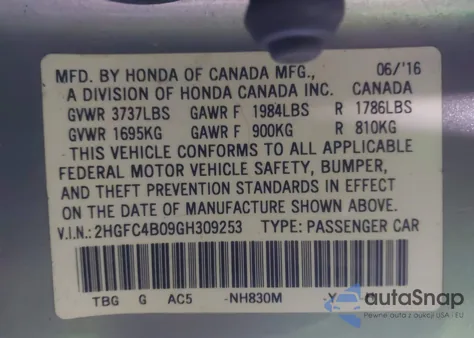 2016 Honda Civic Lx from USA, damaged, VIN 2HGFC4B09GH309253